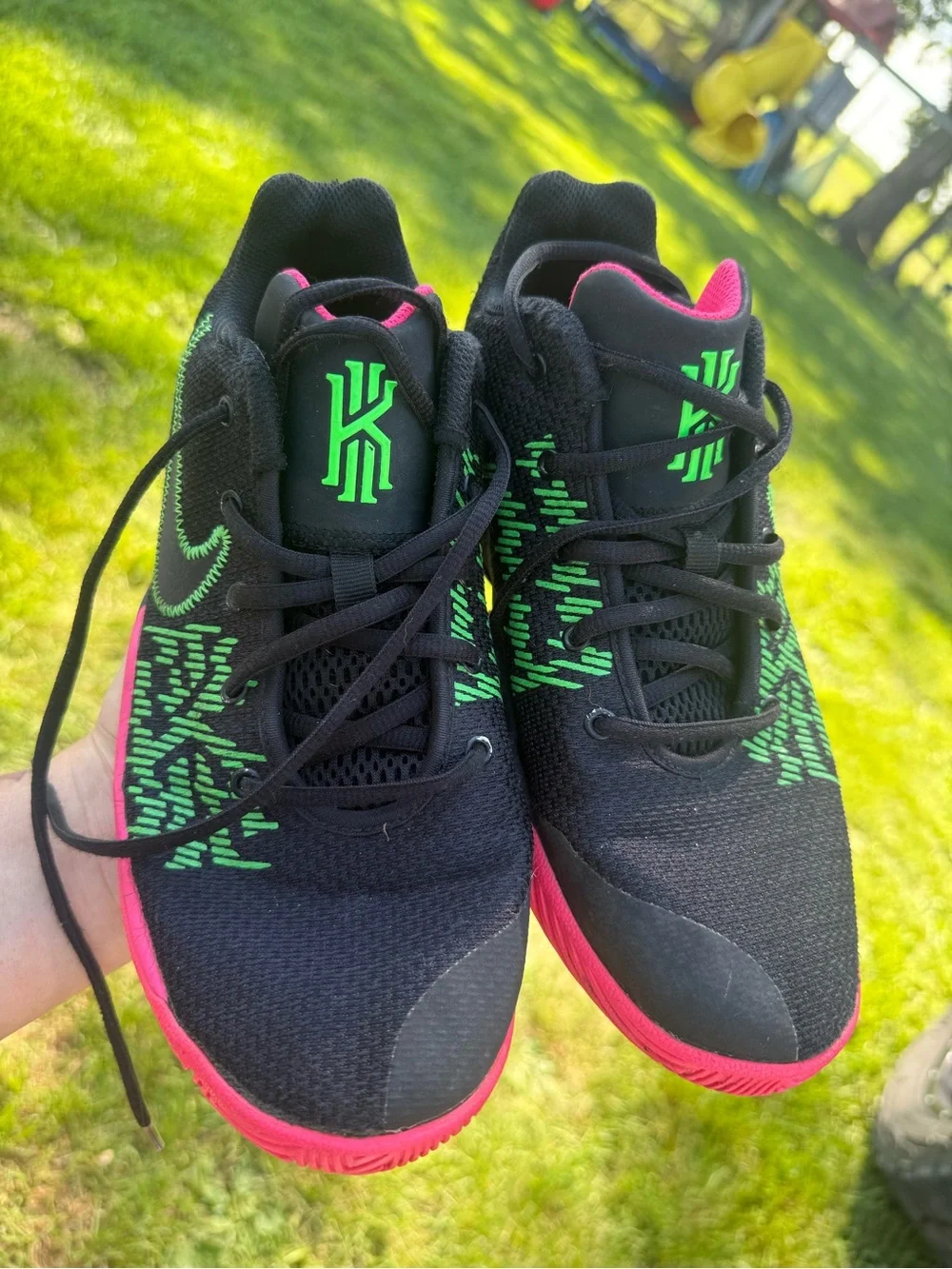 Nike Kids Black Sneakers with Neon Green Stitching & Pink Soles